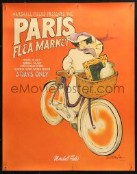 4a0655 PARIS FLEA MARKET 22x28 special poster 2002 vintage style art of a woman pushing a bicycle!