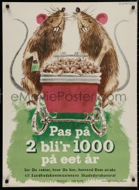 4a0657 PAS PA 2 BL'R 1000 PA EET AR 25x34 Danish special poster 1960s rat couple w/babies by Engholm!