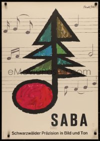 4a0566 SABA 23x33 German advertising poster 1950s art of tree as a musical note, VFO 130 speaker ad!