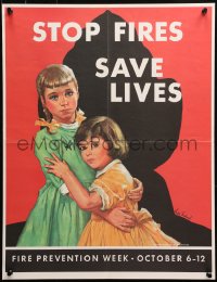 4a0680 STOP FIRES SAVE LIVES 17x22 special poster 1948 fireman protecting children by Lydia Fuchauf!