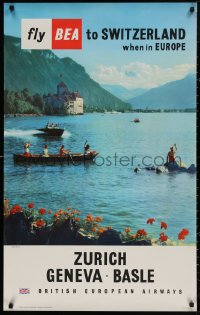 4a0407 BEA SWITZERLAND 25x40 English travel poster 1959 people enjoying the lake by a castle!