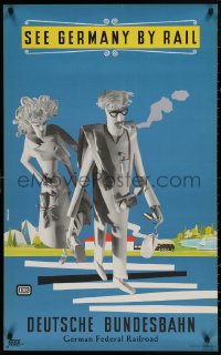 4a0450 GERMAN FEDERAL RAILWAY 24x39 German travel poster 1957 art of paper doll people by Wohlrab!