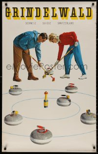 4a0417 GRINDELWALD 25x40 Swiss travel poster 1960s curling, image of two people playing the sport!