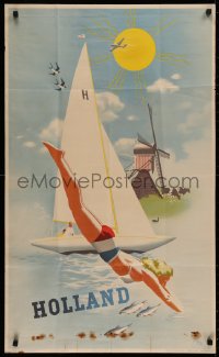 4a0420 HOLLAND 23x38 Dutch travel poster 1950s art of sailboat, gorgeous woman diving and more!