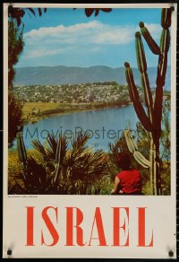 4a0422 ISRAEL 22x33 Israeli travel poster 1970s great image of woman overlooking Sea of Galilee!