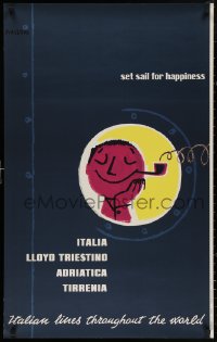 4a0423 ITALIAN LINE 24x39 Italian travel poster 1957 Biassoni art of man smoking pipe, porthole!