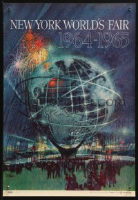 4a0398 NEW YORK WORLD'S FAIR 11x16 travel poster 1961 art of the Unisphere & fireworks by Bob Peak!