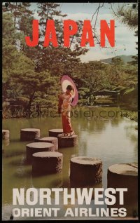 4a0400 NORTHWEST ORIENT AIRLINES JAPAN 25x40 travel poster 1960s woman in kimono on stepping stones!