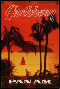 4a0433 PAN AM CARIBBEAN 28x42 travel poster 1970s image of gorgeous tropical islands at sunset!