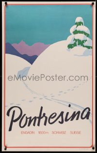 4a0386 PONTRESINA 25x40 Swiss travel poster 1970s snow covered mountain, ski path by Moritz Muller!