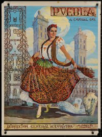 4a0387 PUEBLA 27x37 Mexican travel poster 1950s Mexican woman in traditional costume by Florez!