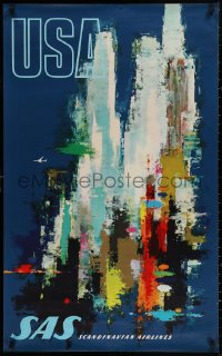 4a0389 SAS USA 24x39 Danish travel poster 1960s wonderful abstract Otto Nielson art of a city!