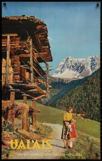 4a0394 VALAIS 25x40 Swiss travel poster 1953 woman and young girl with the Alps in the background!
