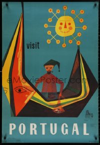 4a0396 VISIT PORTUGAL 27x39 Portuguese travel poster 1953 fisherman in colorful boat by Rodrigues!