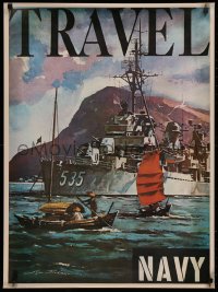 4a0518 TRAVEL 25x33 poster 1975 USS Miller in the water with small boats by Lou Nolan!