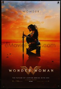 4a1166 WONDER WOMAN int'l teaser DS 1sh 2017 image of sexy Gal Gadot in title role kneeling on beach!