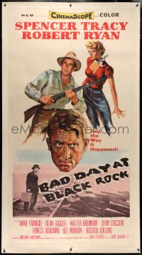 4b0005 BAD DAY AT BLACK ROCK linen 3sh 1955 art of Spencer Tracy, Robert Ryan & sexy Anne Francis!