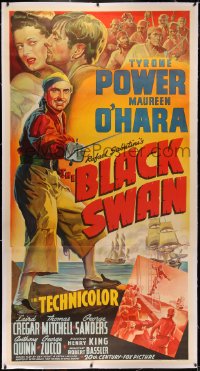 4b0009 BLACK SWAN linen 3sh 1942 Fox stone litho of pirate Tyrone Power & Maureen O'Hara, ultra rare!