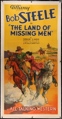 4b0017 LAND OF MISSING MEN linen 3sh 1930 art of cowboy Bob Steele rescuing woman on horse, rare!