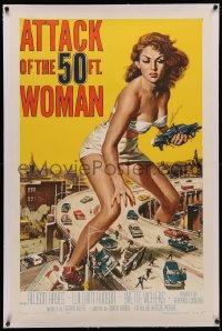 4b0040 ATTACK OF THE 50 FT WOMAN linen 1sh 1958 classic Brown art of giant Allison Hayes over highway!