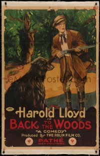 4b0042 BACK TO THE WOODS linen 1sh 1919 art of Harold Lloyd with hunting rifle & dog, ultra rare!