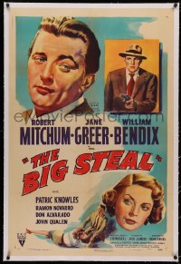 4b0054 BIG STEAL linen 1sh 1949 great art of Robert Mitchum, Jane Greer & William Bendix with gun!