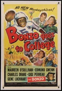 4b0061 BONZO GOES TO COLLEGE linen 1sh 1952 wacky art of chimp playing football, new monkeyshines!