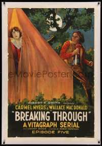 4b0064 BREAKING THROUGH linen chapter 5 1sh 1921 stone litho of Carmel Myers & man w/knife, rare!