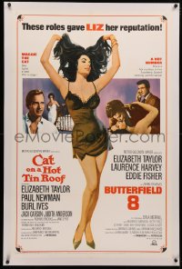 4b0072 CAT ON A HOT TIN ROOF/BUTTERFIELD 8 linen 1sh 1966 art of sexy Elizabeth Taylor in nightie!