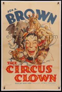 4b0075 CIRCUS CLOWN linen 1sh 1934 art of Joe E. Brown w/tiger, lion, elephant, giraffe & chimp, rare!