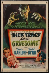 4b0088 DICK TRACY MEETS GRUESOME linen 1sh 1947 art of horror man Boris Karloff looming over title!