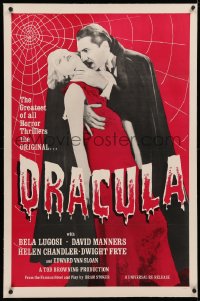4b0093 DRACULA linen 1sh R1960s great different image of Bela Lugosi with victim by web, Tod Browning!