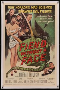 4b0102 FIEND WITHOUT A FACE linen 1sh 1958 giant brain & sexy girl in towel, mad science spawns evil!