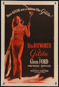 4b0116 GILDA linen 1sh R1950 classic full-length image of sexy smoking Rita Hayworth in sheath dress!