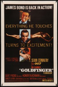4b0120 GOLDFINGER linen 1sh 1964 three images of Sean Connery as James Bond 007 with a flat finish!