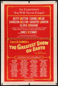 4b0125 GREATEST SHOW ON EARTH linen 1sh 1952 James Stewart, Betty Hutton, list of circus headliners!