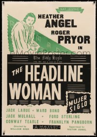 4b0132 HEADLINE WOMAN linen 1sh R1930s art of Heather Angel, cool newspaper design, very rare!