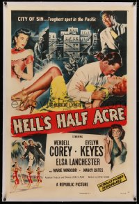 4b0135 HELL'S HALF ACRE linen 1sh 1954 Wendell Corey romances sexy Evelyn Keyes in Hawaii!