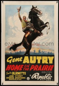 4b0141 HOME ON THE PRAIRIE linen 1sh 1939 art of smiling western cowboy Gene Autry on rearing horse!