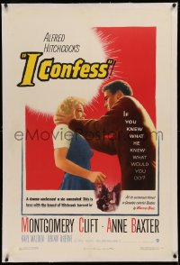 4b0146 I CONFESS linen 1sh 1953 Alfred Hitchcock, art of Montgomery Clift grabbing Anne Baxter!