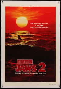 4b0154 JAWS 2 linen style B teaser 1sh 1978 art of shark's fin at sunset, plus most iconic tagline!