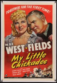 4b0183 MY LITTLE CHICKADEE linen style D 1sh 1940 wonderful art of W.C. Fields & sexy Mae West, rare!