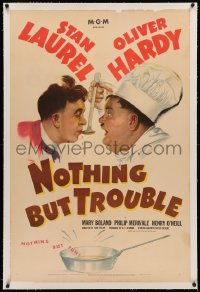 4b0193 NOTHING BUT TROUBLE linen 1sh 1945 great c/u art of chef Oliver Hardy feeding Stan Laurel!