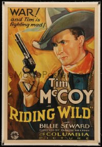 4b0232 RIDING WILD linen 1sh 1935 best art of cowboy Tim McCoy holding his six-shooter, ultra rare!