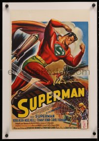 4c0154 SUPERMAN linen Belgian 1950 different art of superhero Kirk Alyn in red costume, ultra rare!