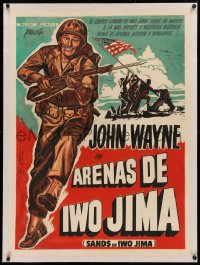 4c0074 SANDS OF IWO JIMA linen Cuban 1950 art of WWII Marine John Wayne + famous flag raising scene!