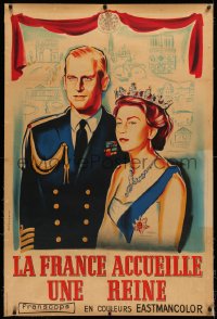 4c0052 LA FRANCE ACCUEILLE UNE REINE linen French 32x47 1957 Bertrand art of Queen Elizabeth & Philip!