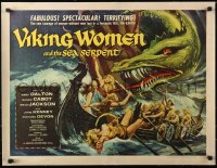 4c0243 VIKING WOMEN & THE SEA SERPENT linen 1/2sh 1958 female warriors & monster by Reynold Brown!