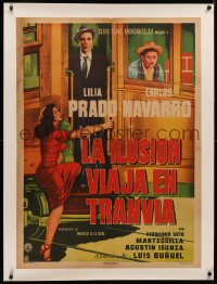 4c0138 LA ILUSION VIAJA EN TRANVIA linen Mexican poster 1954 Luis Bunuel, cool streetcar art, rare!