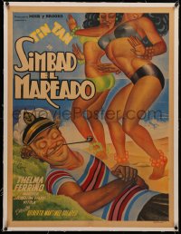 4c0142 SIMBAD EL MAREADO linen Mexican poster 1950 art of Tin Tan on beach with sexy girls by Cabral!